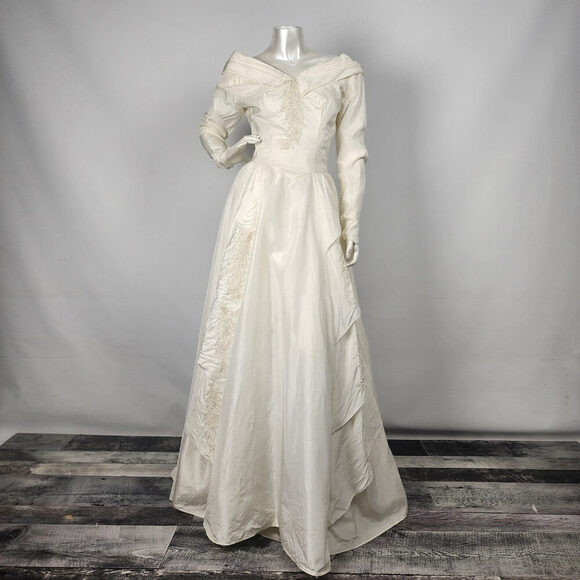 Vintage Cream Sequined Floral Detail Drop Shoulder Wedding Dress Size XS - Picture 1 of 16